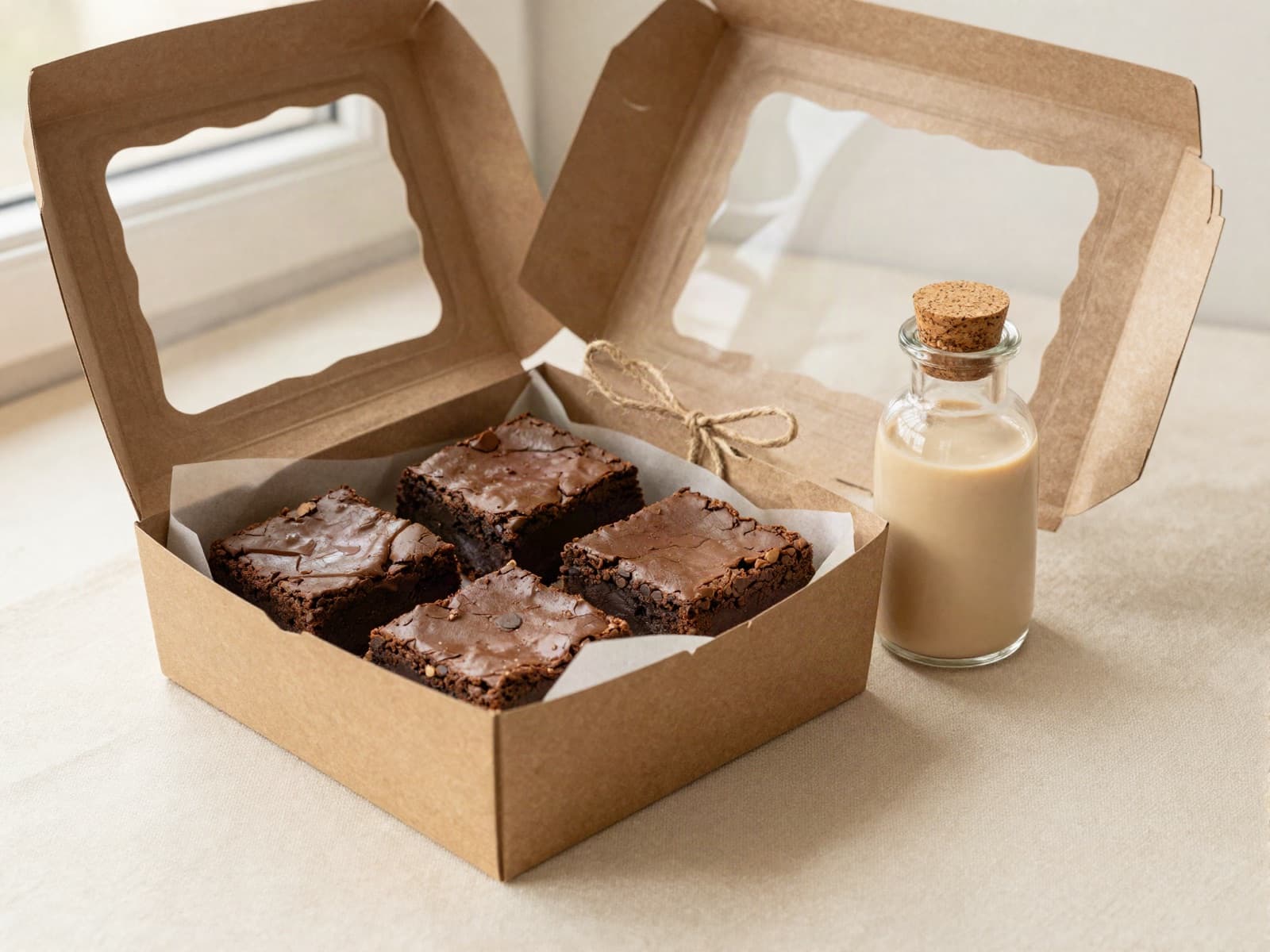 Caja con brownies y botella de Whisky Cream lista para entregar