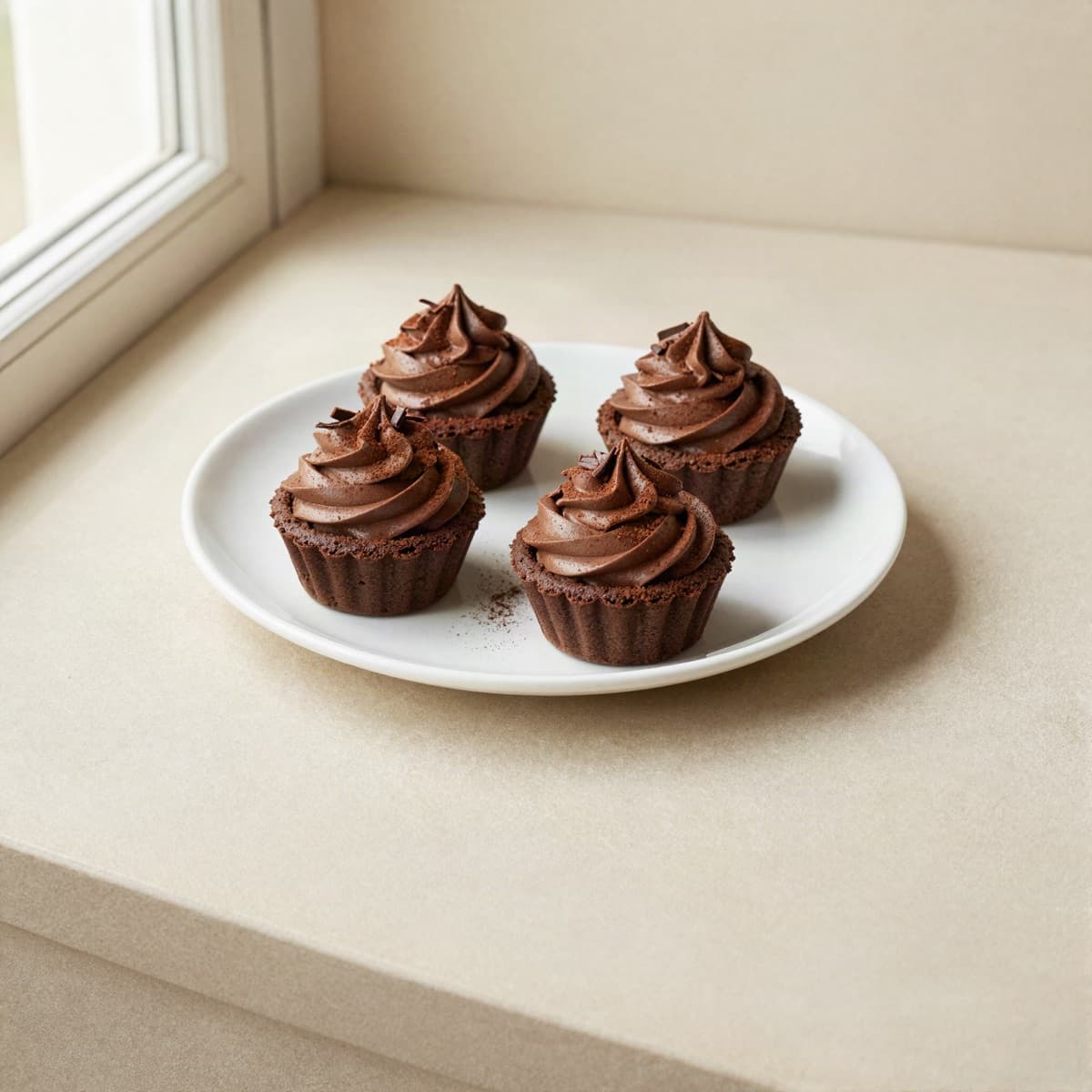 Cuatro canastas de brownie rellenas de mousse de chocolate