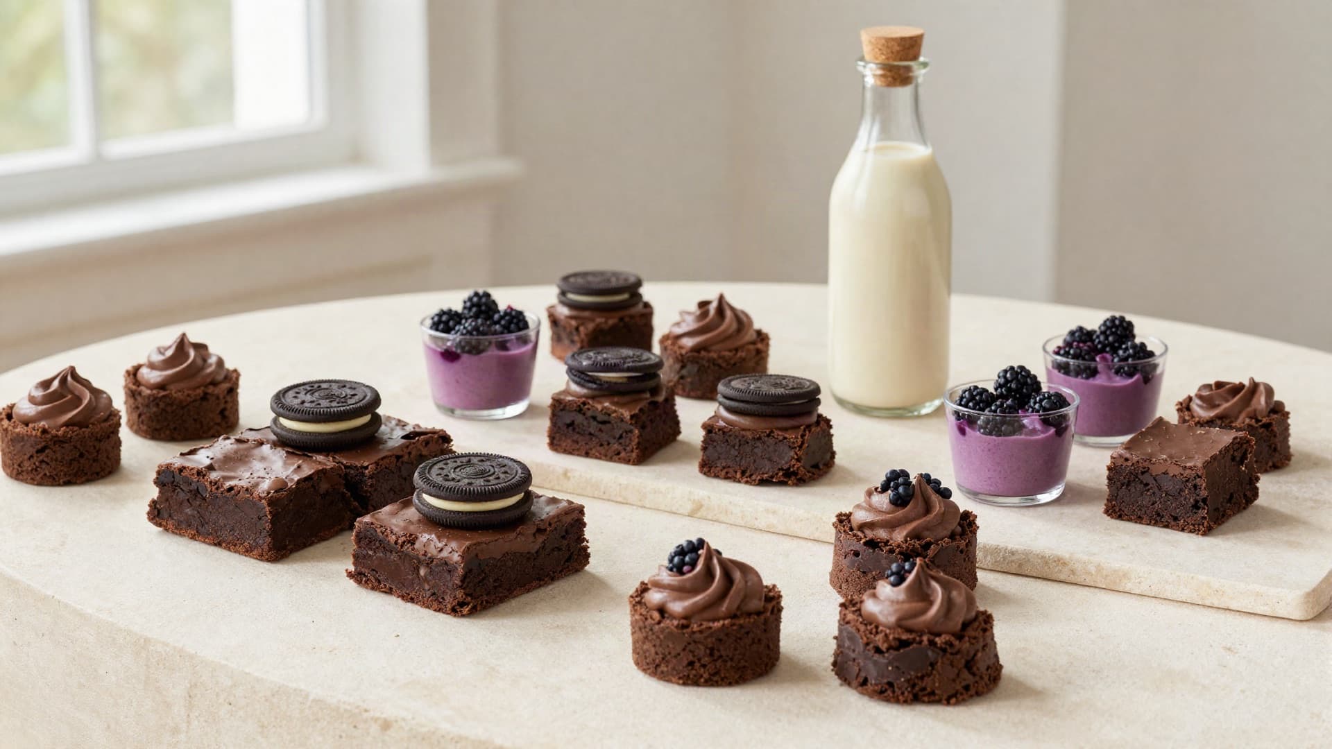 Mesa de postres con brownies de Oreo, mousse cakes, mousse de mora y Whisky Cream