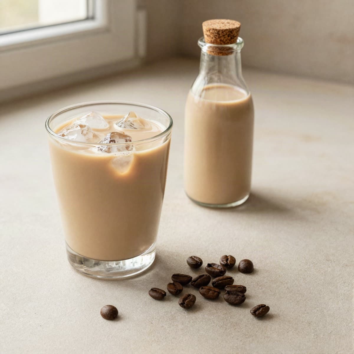 Whisky Cream servido en vaso con hielo junto a su botella